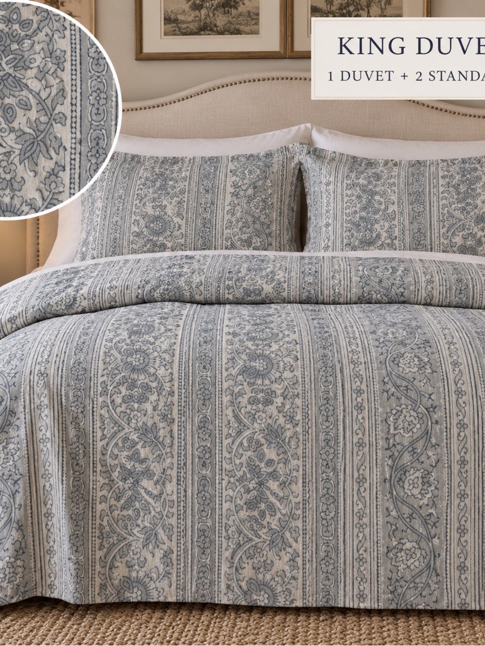 Pottery Barn Floral Stripe King Duvet Set in Gray and Cream